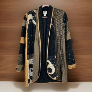 Jeanne Marc Wms Jacket L Black Gold Patchwork Art to Wear Bohemian Vintage